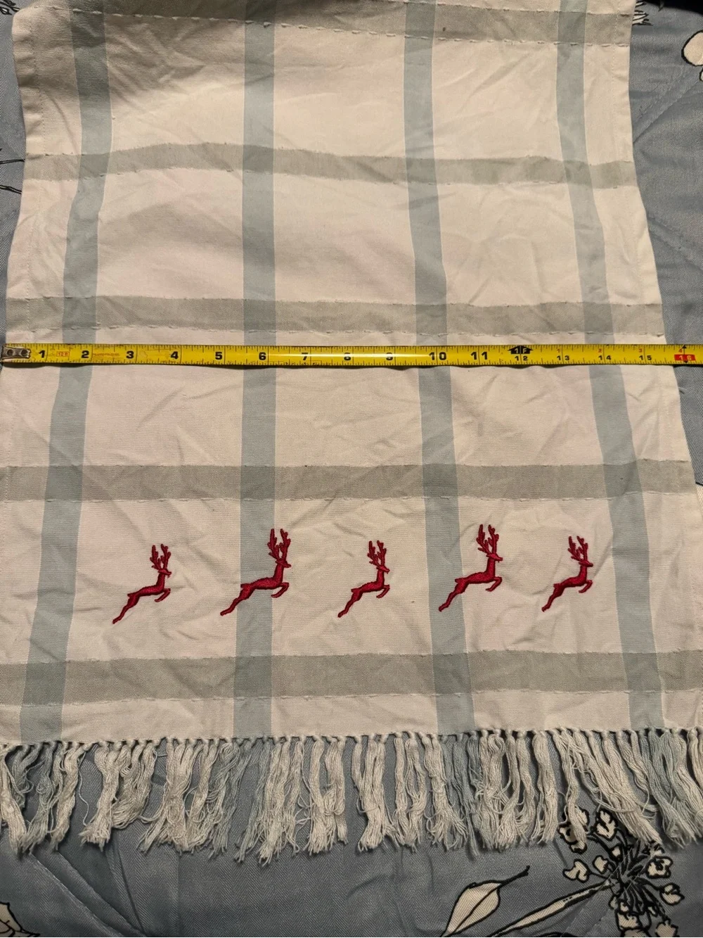Embroidered Reindeer Plaid Holiday Table Runner (16